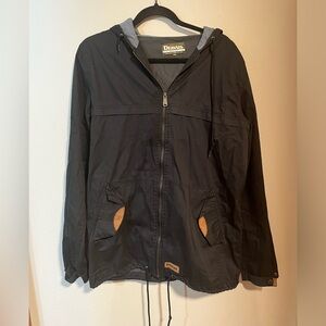 Men’s Medium Dravis full zip hooded black jacket with brown faux leather accents